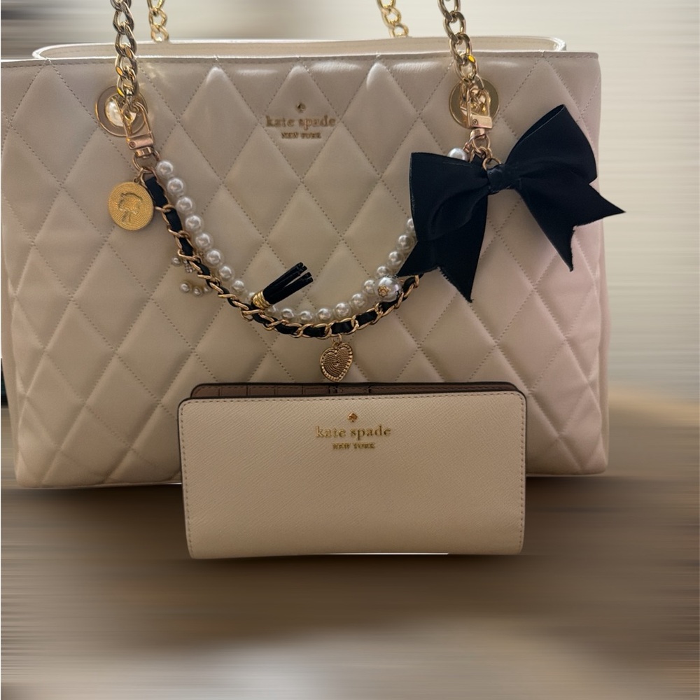 Kate Spade Quilted Cream Shoulder Bag with Black Bow